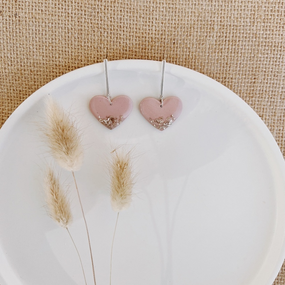 Pink Heart and Silver Clay Earrings